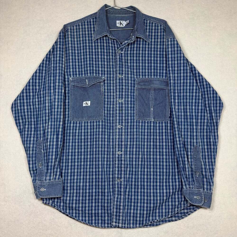 Vintage Calvin Klein Shirt Mens Large Plaid Button Down Utility Shirt Blue